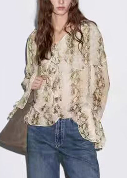Original Design V Neck Print Chiffon Shirt Flare Sleeve
