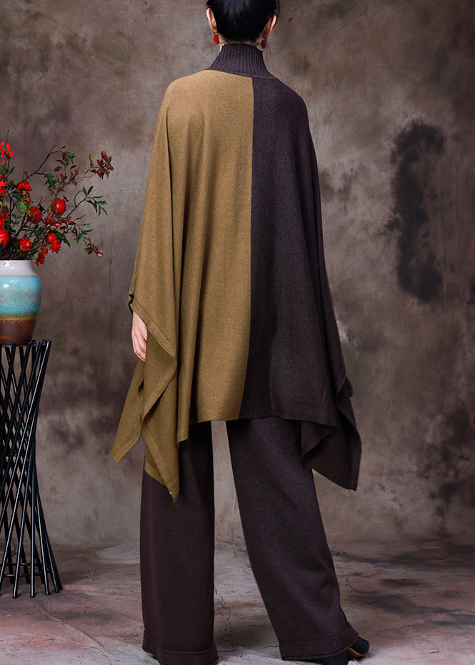 Diy Chocolate Turtleneck Asymmetrical Patchwork Knit Sweaters and Wide Leg Pants Two Pieces Set Fall