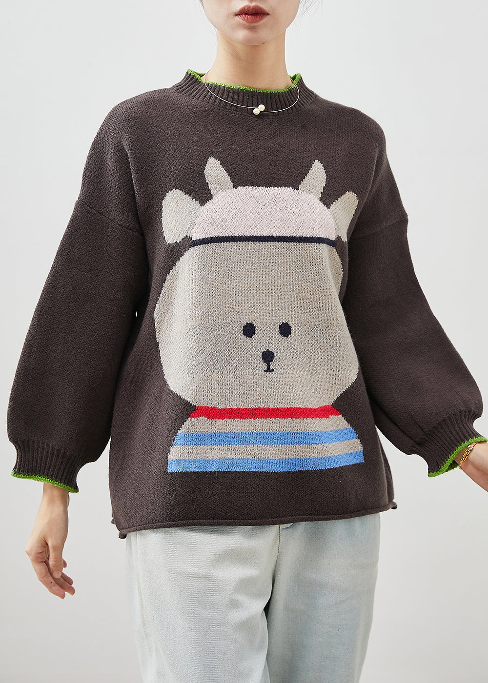 Brown Oversized Cartoon Print Knit Sweaters Winter