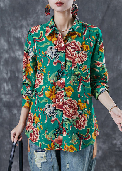 Style Green Print Cotton Shirt Oversized Spring