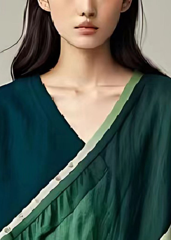 Green V Neck Patchwork Linen Top Summer