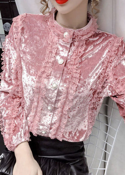 Pink Lace Patchwork Velour Blouses Stand Collar Button Long Sleeve