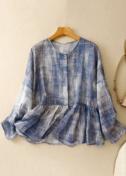 Blue O Neck Tie Dye Patchwork Cotton Shirts Spring