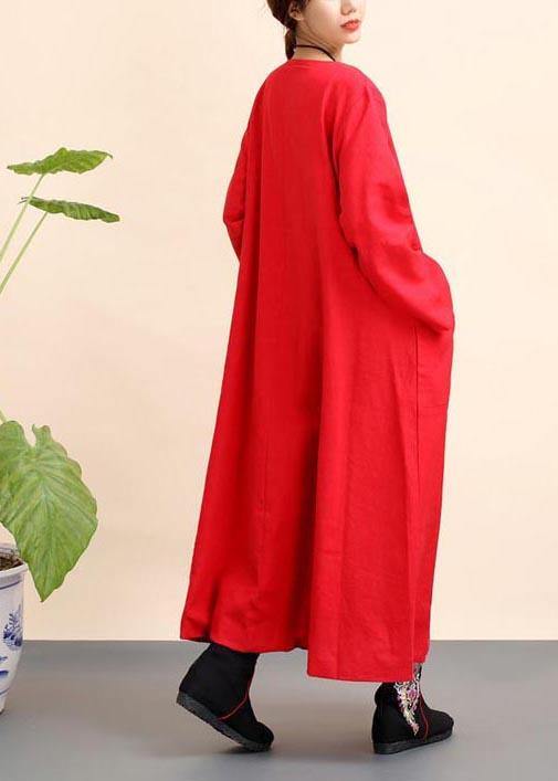 Unique Red Tunics O Neck Pockets Robe Spring Dresses