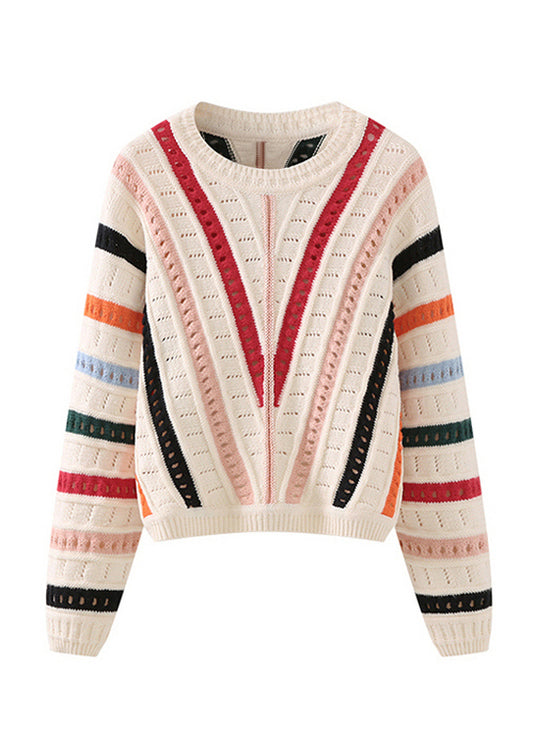 Original Design O-neck Striped Hollow Out Knit Sweaters Spring