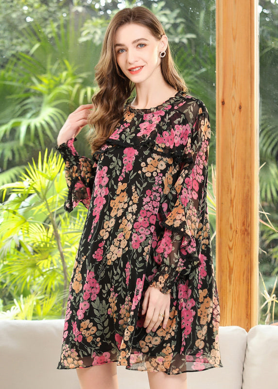 Loose Black O-neck Ruffled Print Chiffon Maxi Dress Spring