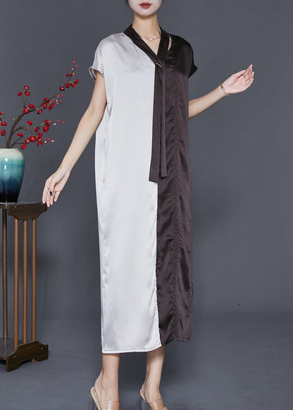 Colorblock Bow Neck Patchwork Silk Long Dresses Summer