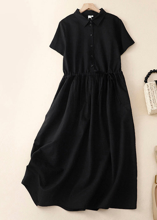 Pink Peter Pan Collar Drawstring Cotton Long Dress Summer