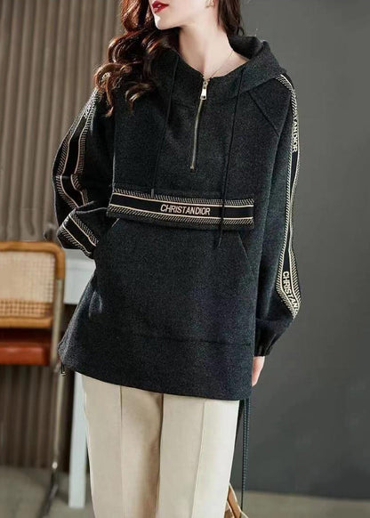 Dark Grey Drawstring Patchwork Cotton Sweatshirt Zip Up Fall