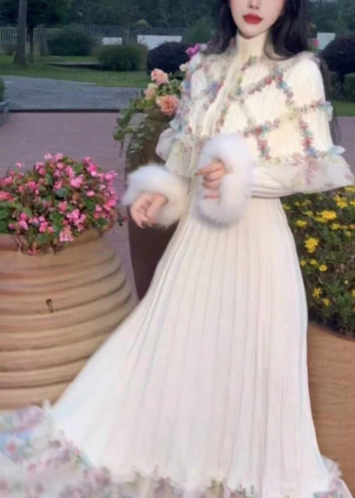Classy White Ruffled Patchwork Cape and Dress Knit Two Pieces Set Spring