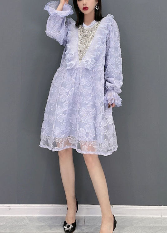 Purple O-neck Ruffled Print Tulle Party Dress Spring