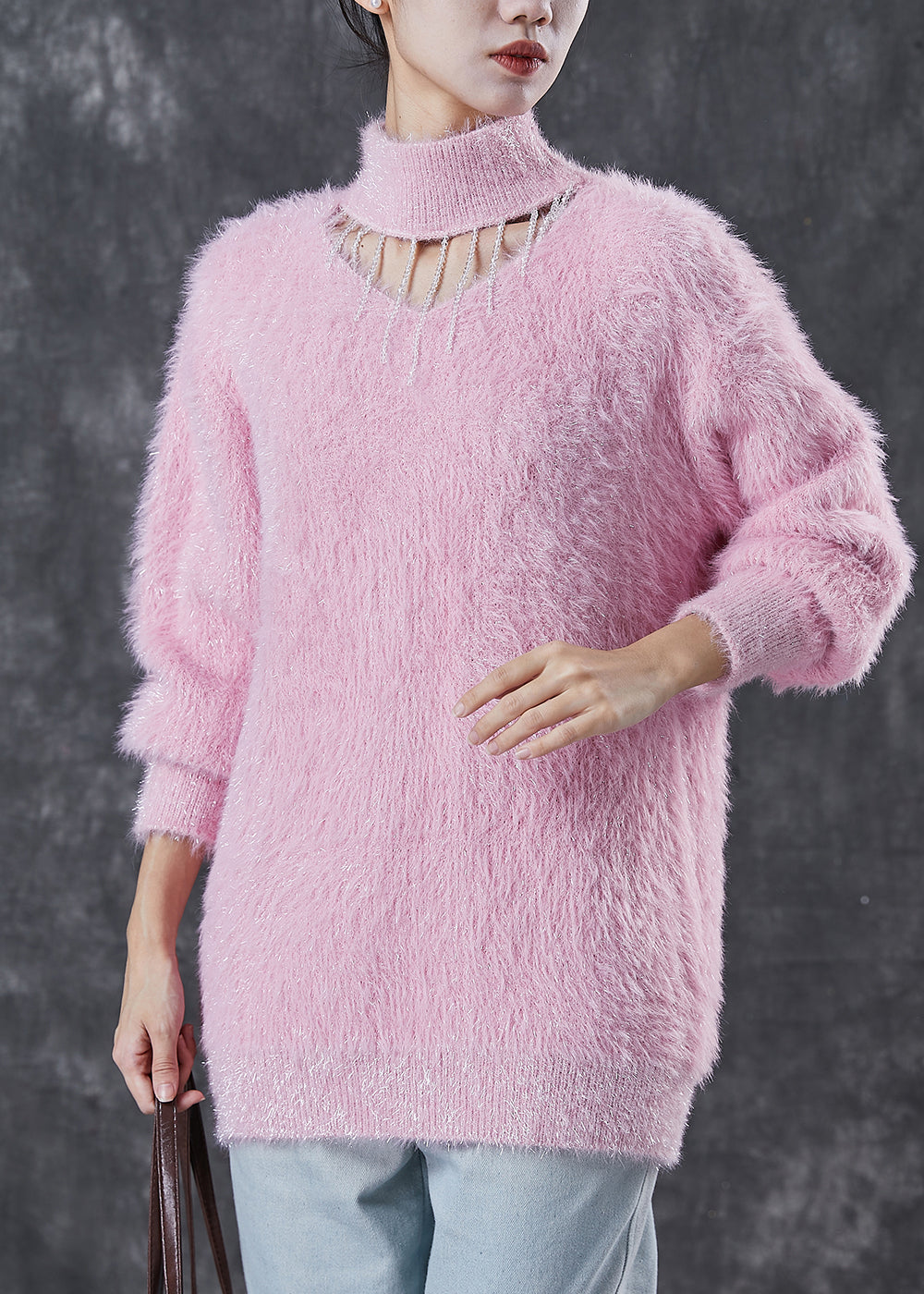 Boutique Purple Tasseled Thick Mink Hair Knitted Pullover Winter