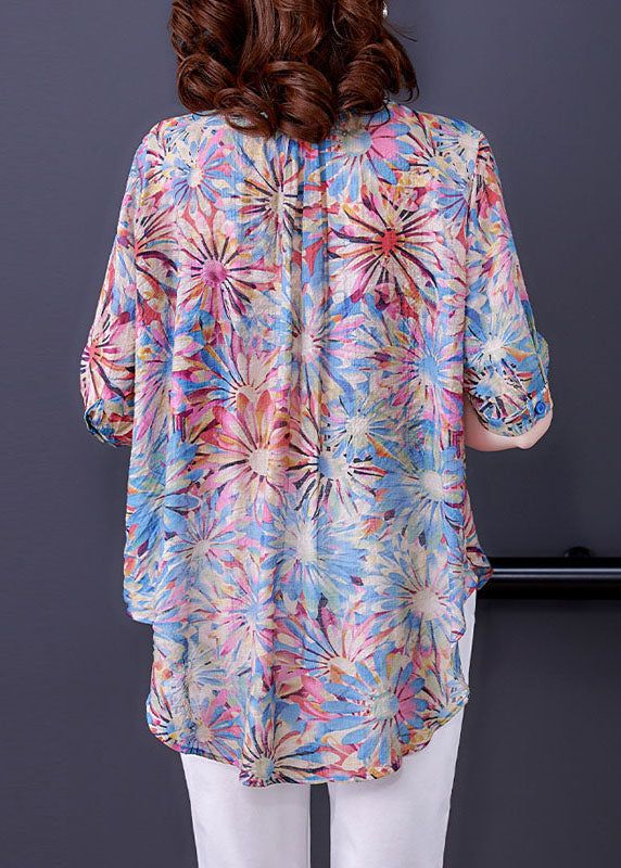 Blue V Neck Button Print Chiffon Shirt Top Half Sleeve