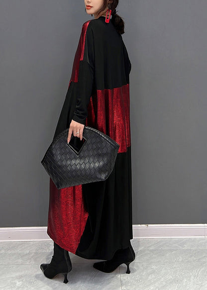 Red Black V Neck Print Patchwork Cotton Long Dress Fall