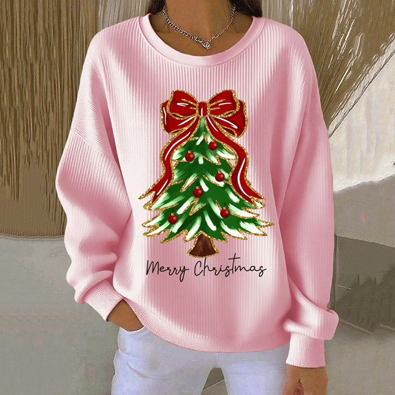 Comstylish Women's Christmas Tree Print Crew Neck Casual Sweatshirt