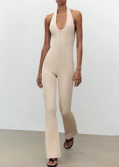 Slim Fit Beige Backless Zippered Cotton Jumpsuit Sleeveless