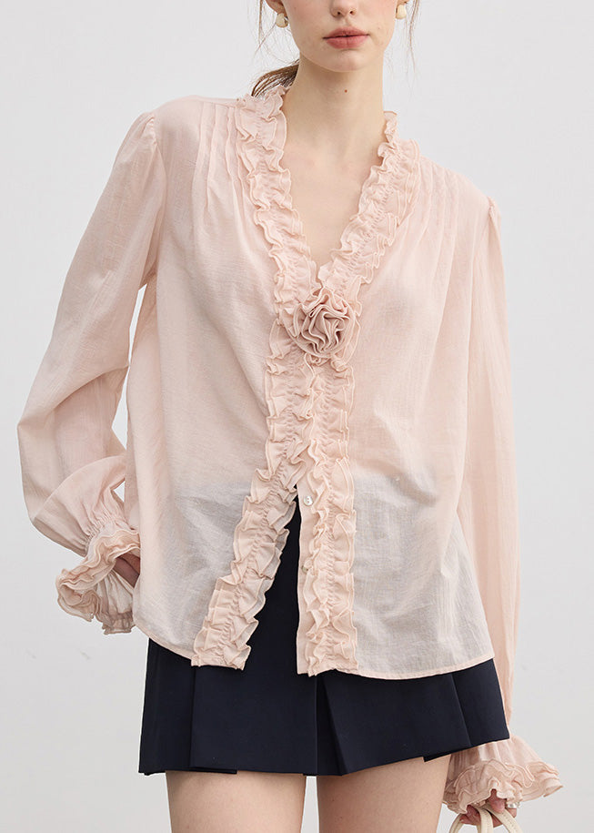 Fine Pink V Neck Ruffled Cotton Shirt Top Fall