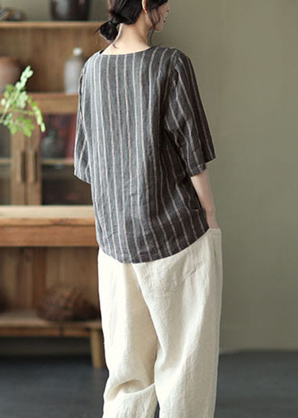 Grey V Neck Striped Button Linen Shirts Half Sleeve