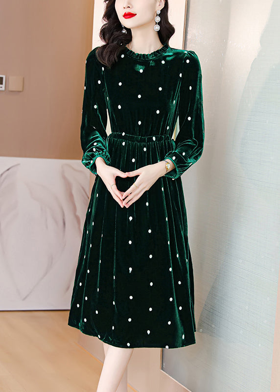 Green Ruffled Wrinkled Drawstring Patchwork Velour Dress Fall
