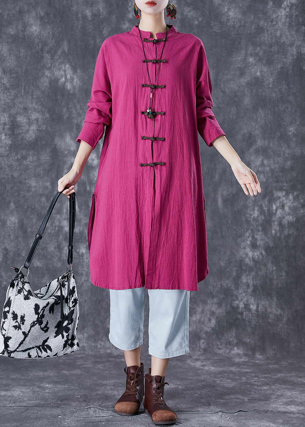 Rose Chinese Button Side Open Linen Long Shirts Fall