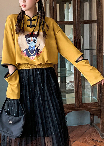 Yellow Stand Collar Print Button Sweatshirt Long Sleeve