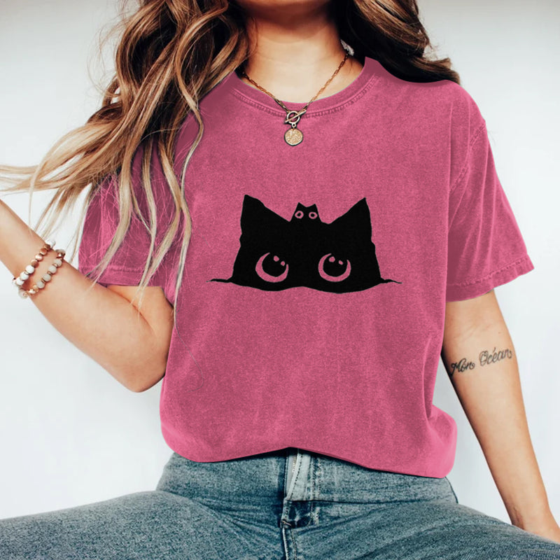 Comstylish Abstract Creative Cute Black Cat Art Print T-shirt