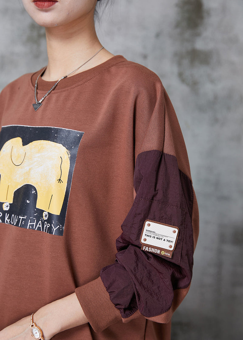 Brown Oversized Patchwork Cotton Sweatshirt Spring