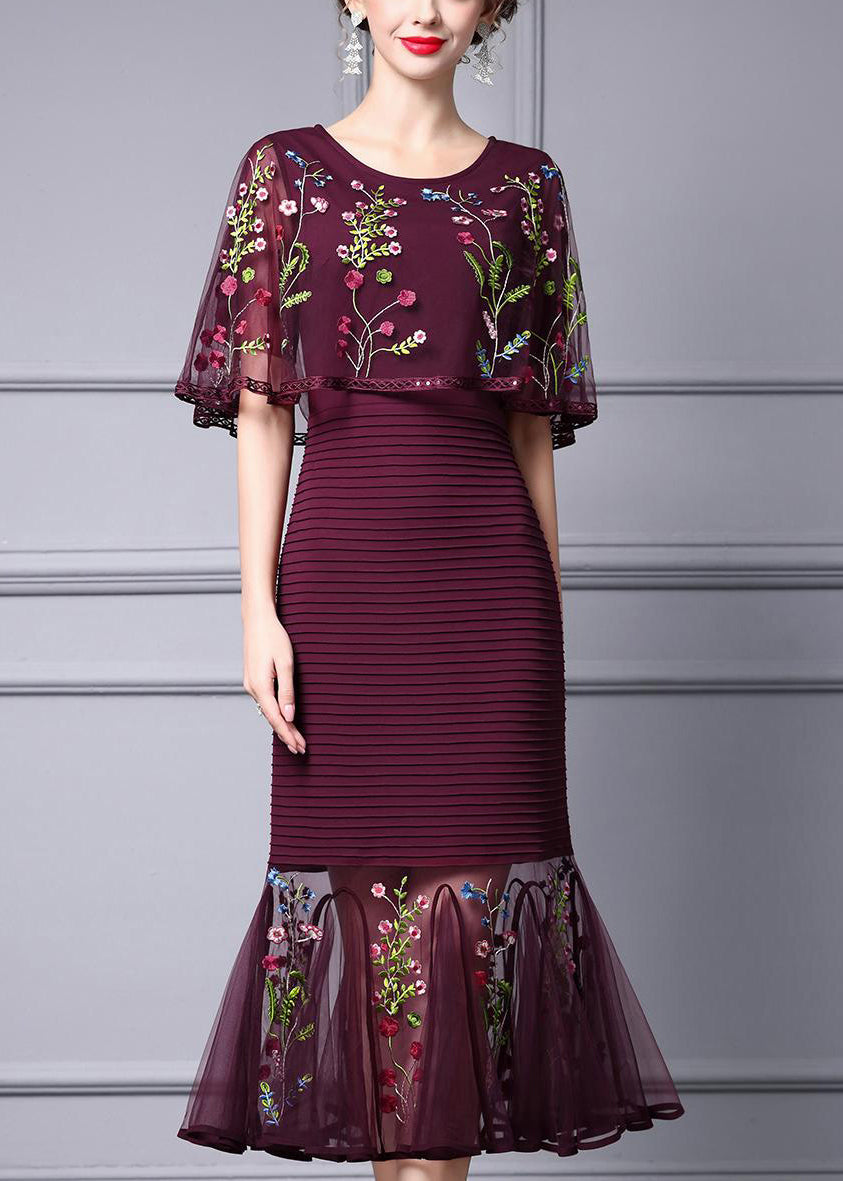 Mulberry Embroidered Cape Style Party Dress Summer