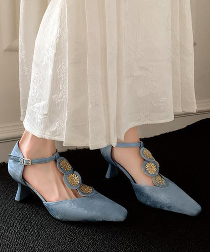 Boutique Blue Cowhide Leather High Heels Splicing