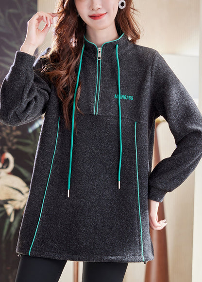 Dark Gray Zip Up Drawstring Patchwork Cotton Sweatshirts Spring