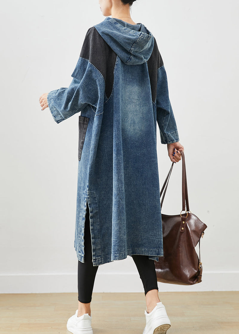 Blue Hooded Patchwork Side Open Cotton Sweatshirt Dress Fall
