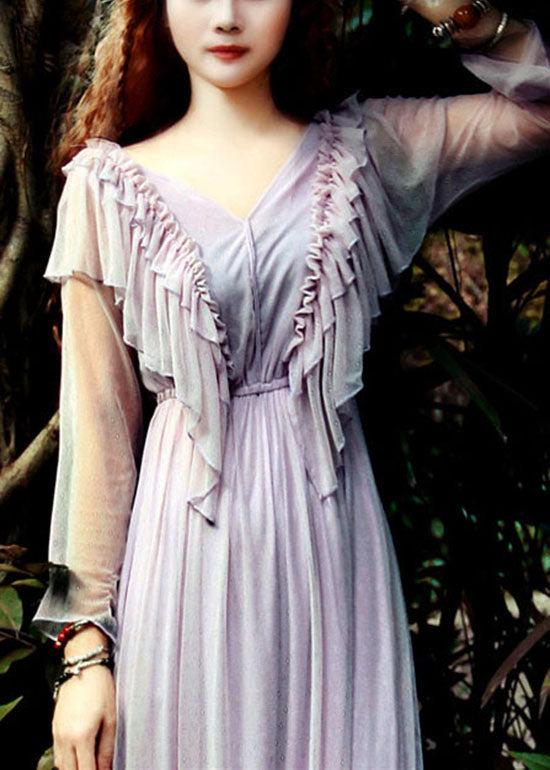 Light Purple V Neck Ruffles Tulle Long Dress Spring