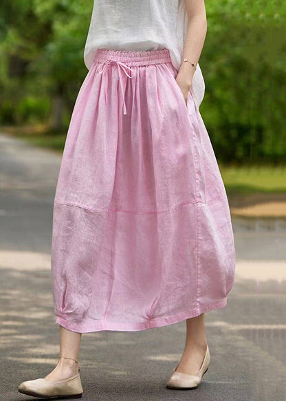 Pink Pockets Elastic Waist Linen Skirt Summer
