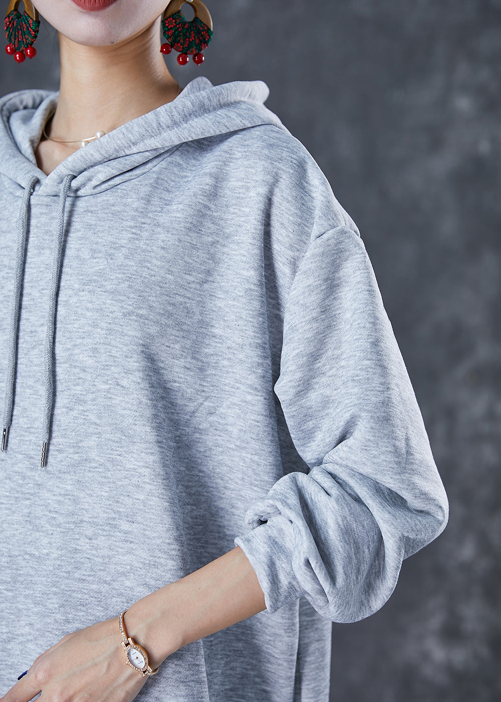 Stylish Grey Hooded Patchwork Ruffles Cotton Pullover Dress Fall