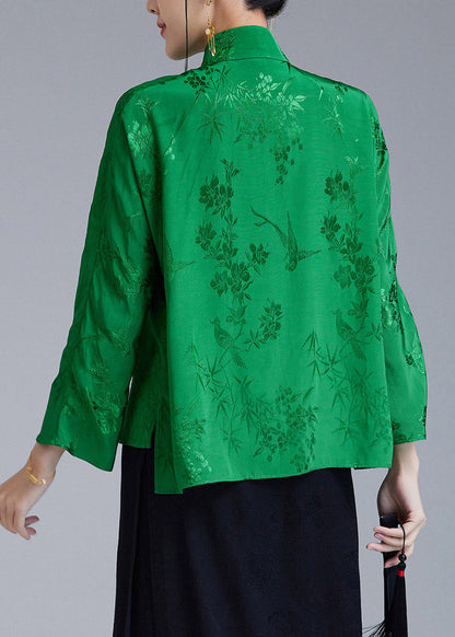 Green Stand Collar Jacquard Diagonal Button Silk Top Long Sleeve