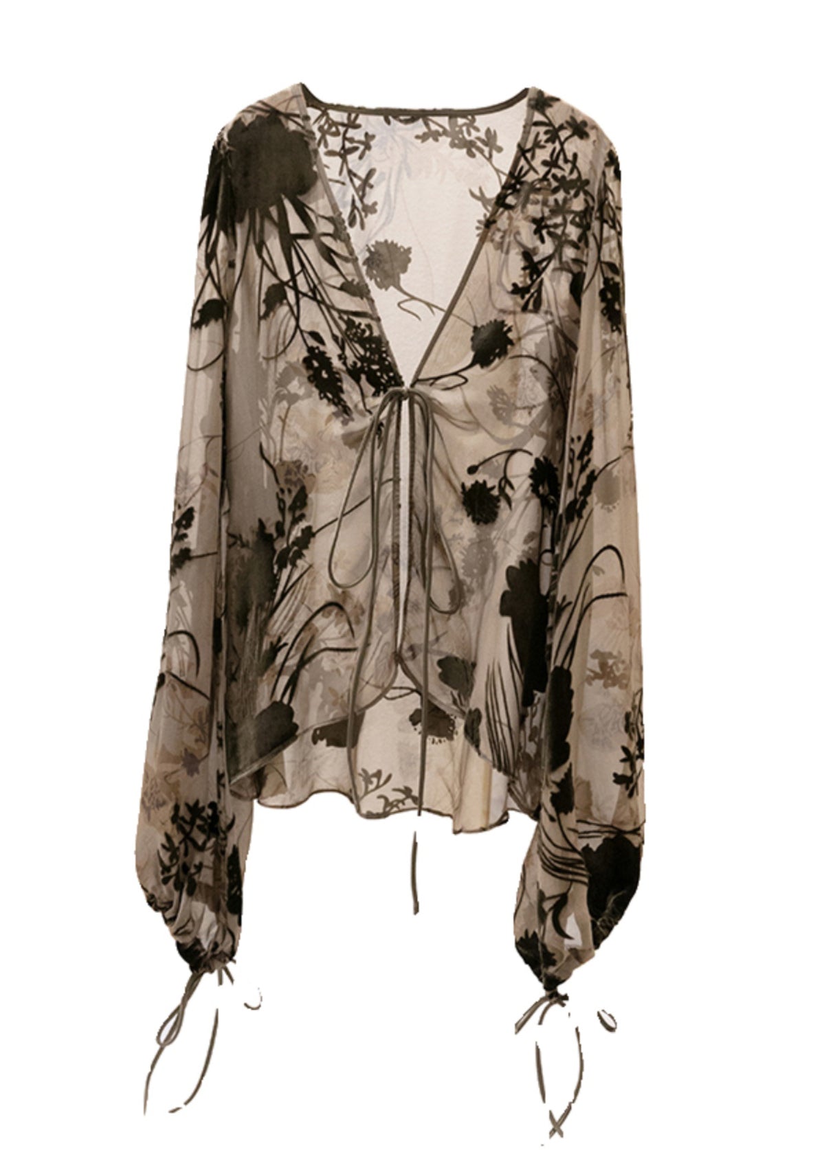 Art Grey V Neck Tie Lace Tulle Top Lantern Sleeve