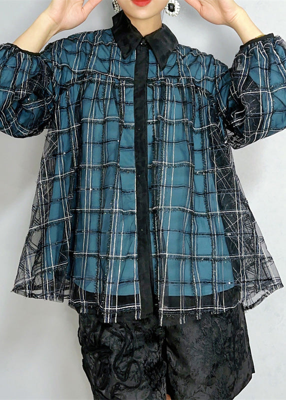 Blue Peter Pan Collar Plaid Button Tulle Shirts Spring