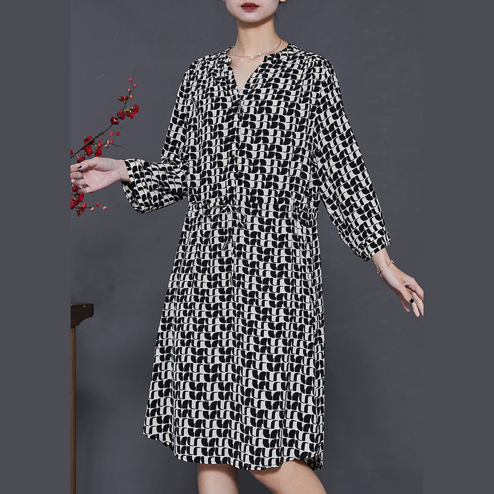 Black Cinched Print Silk Mid Dress Summer