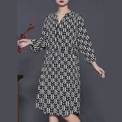 Black Cinched Print Silk Mid Dress Summer