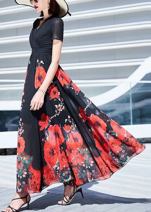 Black V Neck Print Wrinkled Chiffon Long Dresses Summer