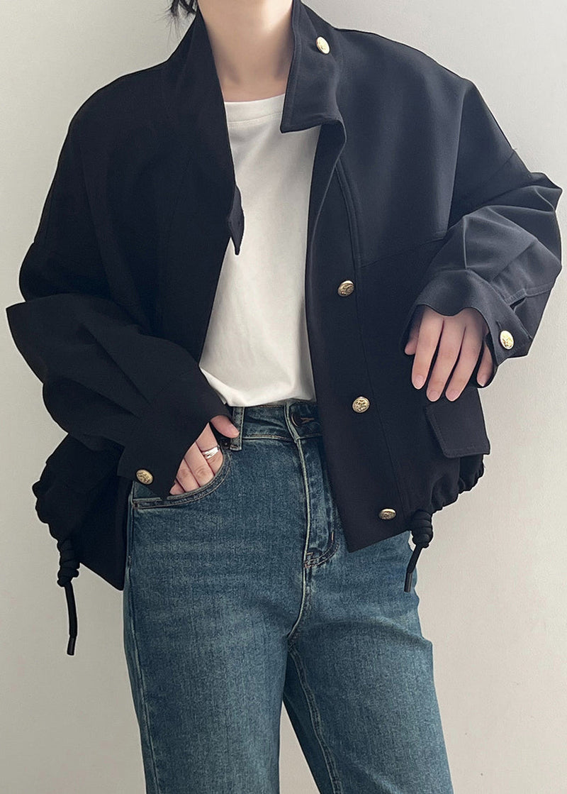 Black Button Cotton Jacket Stand Collar Drawstring Fall