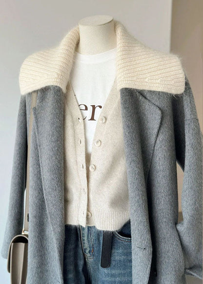 Grey Peter Pan Collar Pockets Knit Patchwork Woolen Long Coats Long Sleeve