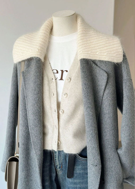 Grey Peter Pan Collar Pockets Knit Patchwork Woolen Long Coats Long Sleeve