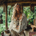 Comstylish Vintage Bohemian Floral Embroidery Linen Blend Shirt