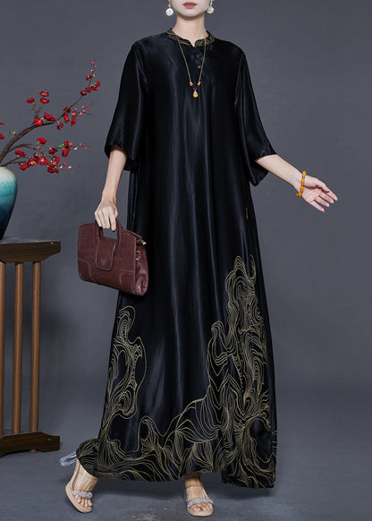 Boutique Black Mandarin Collar Print Silk Long Dresses Half Sleeve Summer