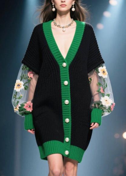 French Black Oversized Patchwork Tulle Long Knit Coats Winter