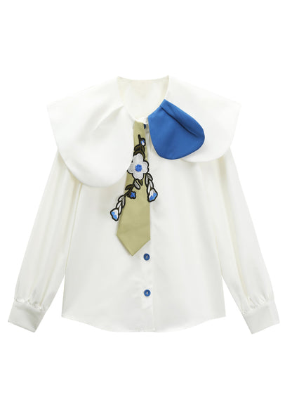 Fitted White Peter Pan Collar Embroideried Button Satin Shirt Long Sleeve