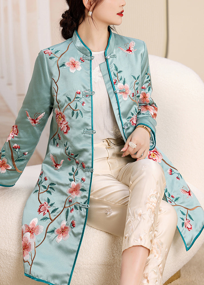 Pink Stand Collar Embroideried Side Open Button Silk Long Coats Fall