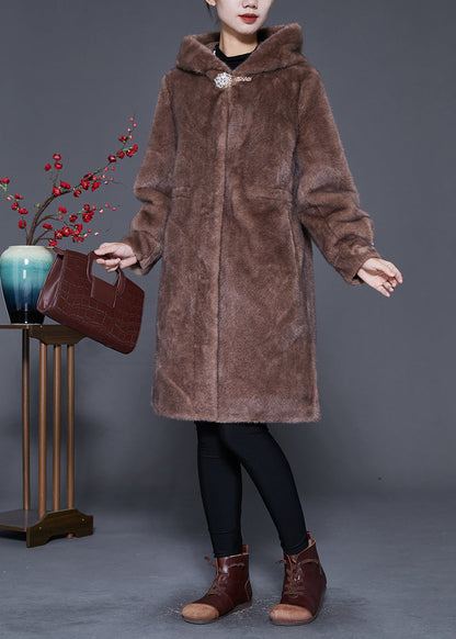 Coffee Hooded Warm Mink Velvet Coat Outwear Winter