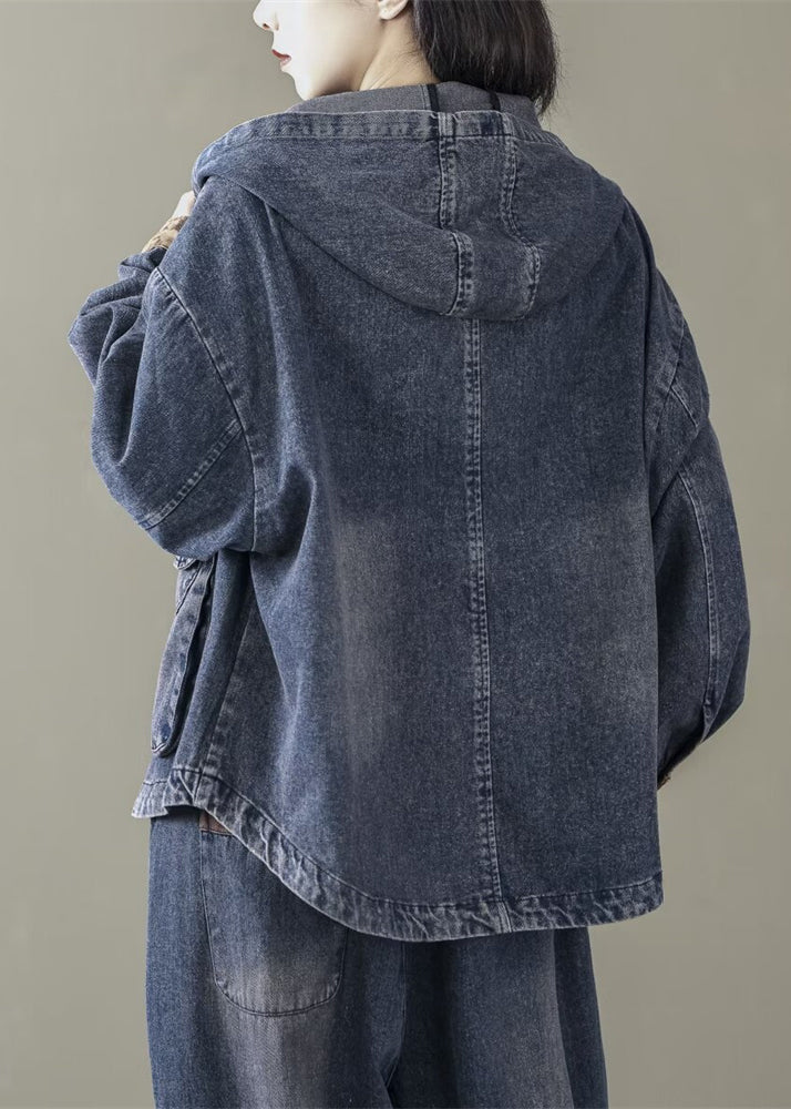 Blue Hooded Patchwork Denim Coats Spring